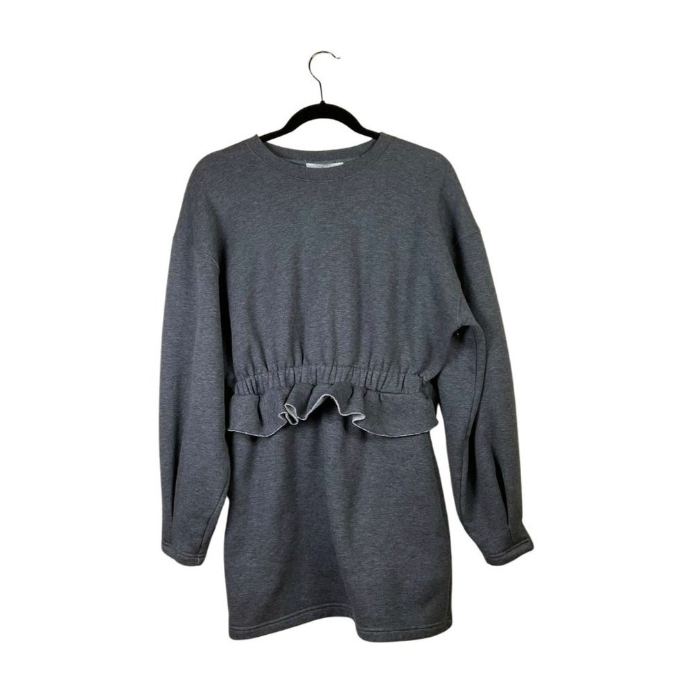 L’Academie Gray Sweatshirt Dress Peplum Ruffle Hem Pullover Size M Cozy Chic - Picture 4 of 7